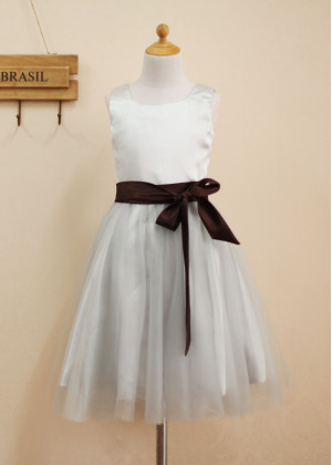 Silver Grey Satin Tulle Flower Girl Dress 